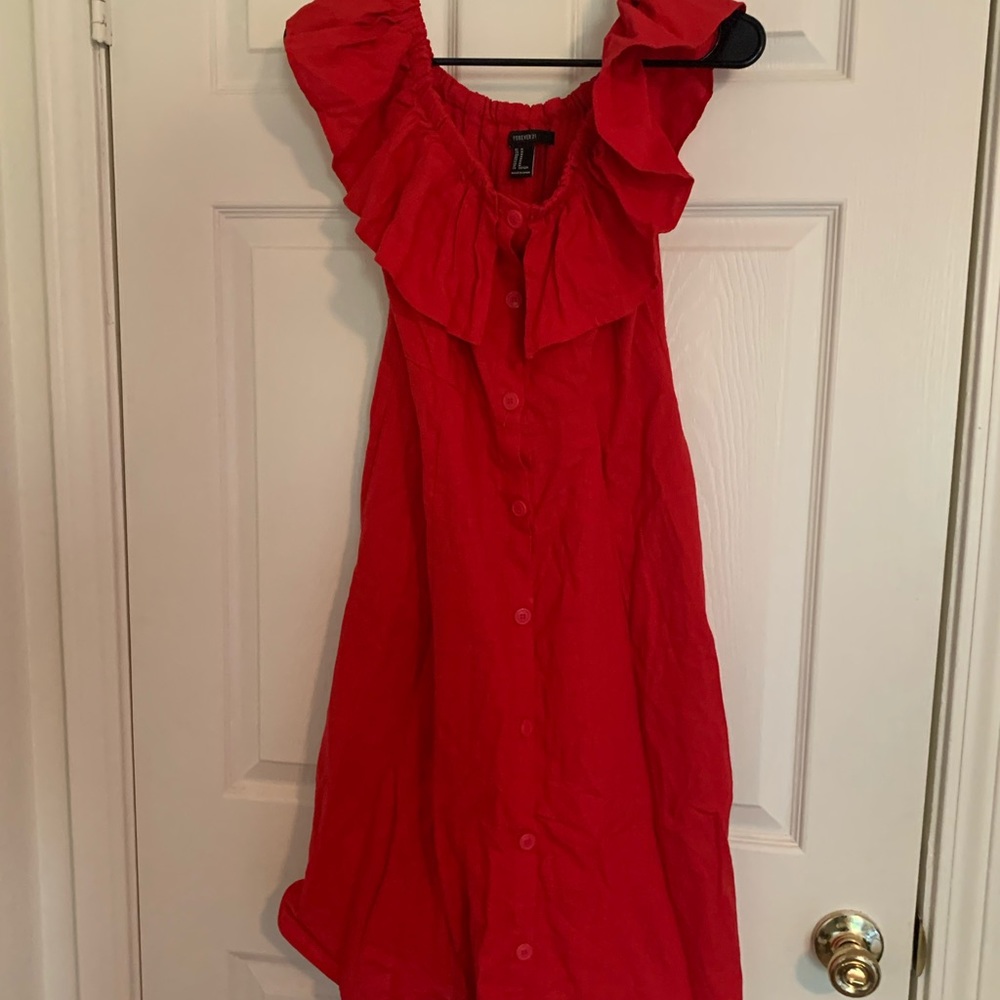 Red button up ruffle sleeve midi dress
